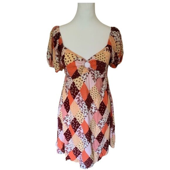 3rd + MALT Large Patchwork Babydoll Dress Off Shoulder Mini Multicolor - Picture 1 of 9